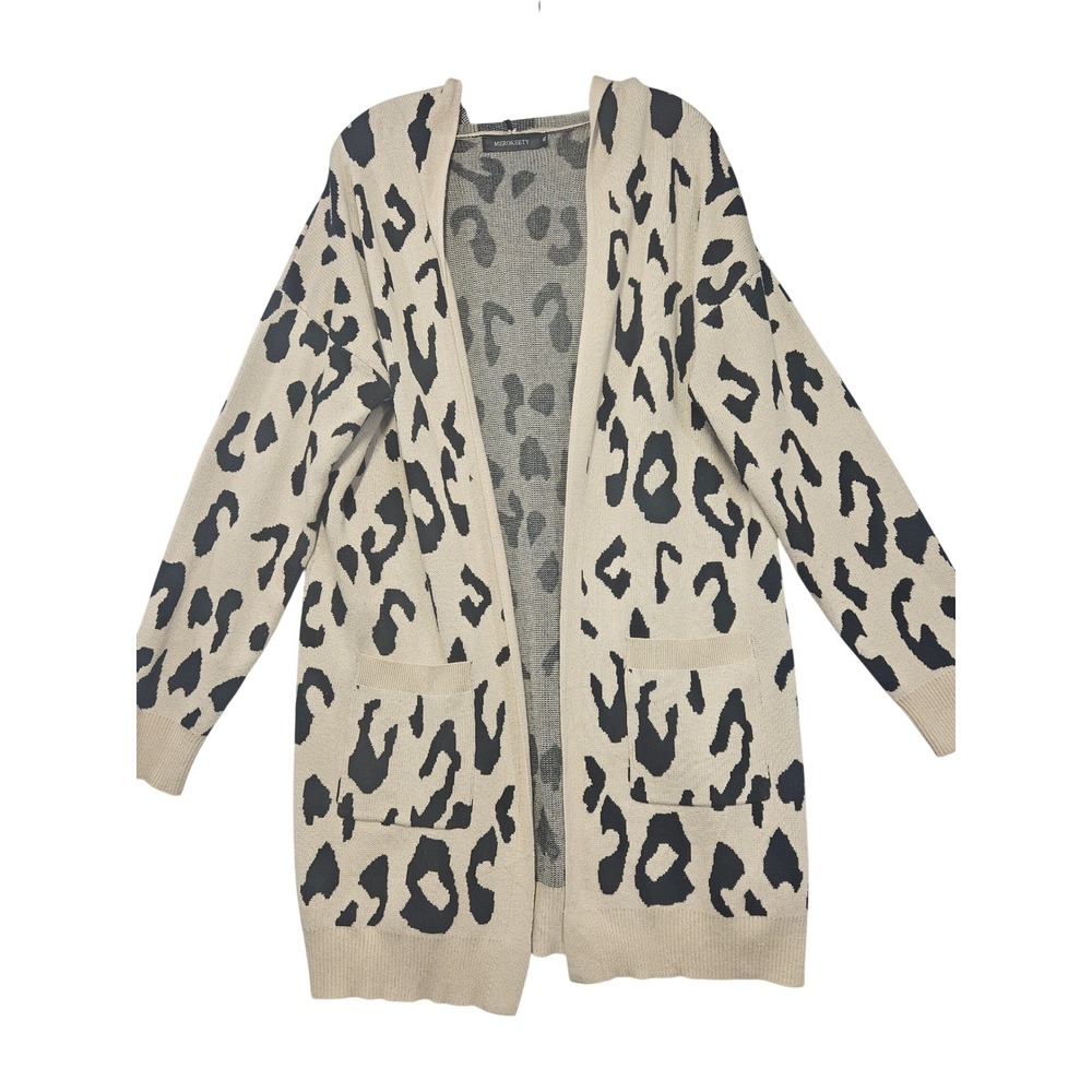Merokeety Womens Leopard Print Hooded Cardigan Sweater Tan Black Longline XL